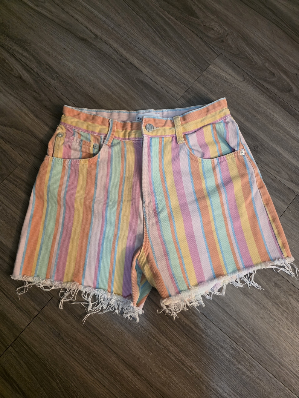 Zara Pastel Rainbow Striped Jean Shorts
